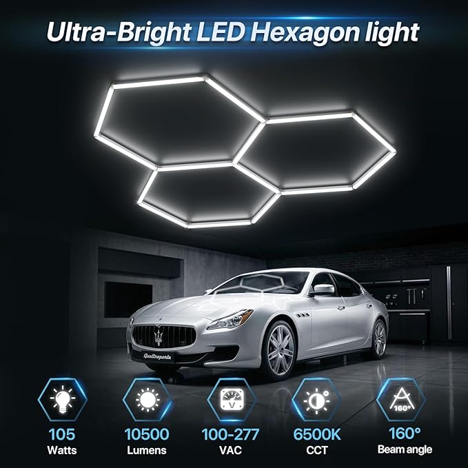 HYPERLITE Gen 2 Hexagon Garage LED Light, Upgraded 3 Level Dimmable 105W 10500LM Super Bright Garage Detailing Lights, 3 Grids Hex Shop Light, Hexagon LED Lights for Basement, Gym, Shop