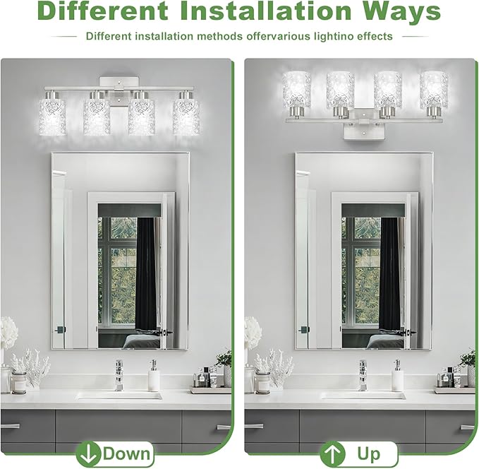 Brushed Nickel Bathroom Light Fixtures, 3-Light Modern Bathroom Vanity Wall Light, Vanity Lights for Mirror, Wall Sconces with Clear Textured Glass (E26 Socket, Bulbs Not Included)