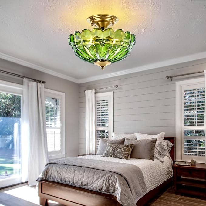 Semi Flush Mount Ceiling Light, 3-Light Kitchen Ceiling Lighting Fixtures with Green Glass Lampshade, Gold Modern Chandelier for Living Room Bedroom Hallway