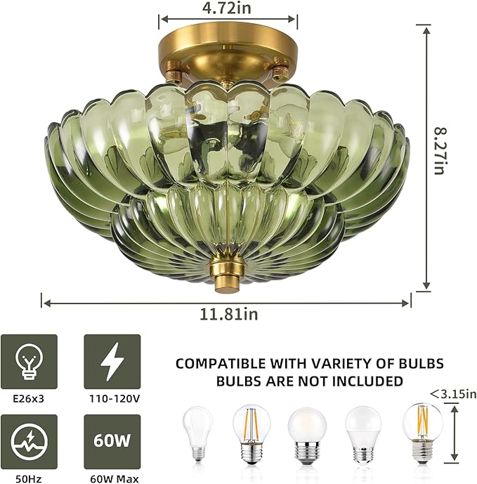 Semi Flush Mount Ceiling Light, 11.8 Inch Gold Vintage Hallway Light Fixture with Green Glass, Close to Ceiling Light for Bedroom Kitchen Living Room Bathroom Foyer, E26 Base