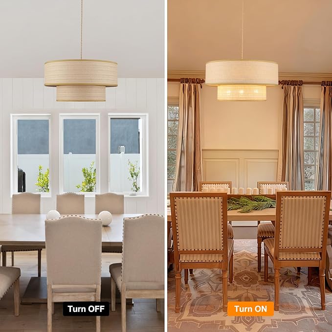 Plug in Pendant Light Rattan Hanging Lights with Plug in Cord 15FT Hemp Rope Cord, 18in Boho Plug in Chandelier for Dining Room, Living Room, Kitchen, Bedroom（Bulb Included）