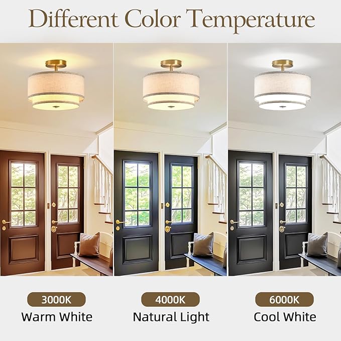 Semi Flush Mount Ceiling Light Fixture,12.6'' Gold Light Fixtures Ceiling Mount, Gold Drum lamp Close to Ceiling Light with 2-Layer Linen Shade, Ceiling Lights for Bedroom Hallway Living Room