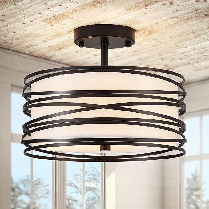 Drum Semi Flush Mount Ceiling Light Fixture, Black Matal & Linen Fabric Shade Ceiling Light, Modern Farmhouse Close to Ceiling Light for Bedroom, Hallway, Entryway, Dining Room, Laundry Room