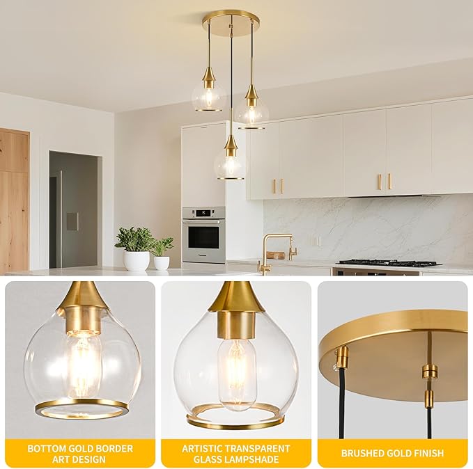 3-Light Island Light for Kitchen, Gold Kitchen Island Hanging Pendant Light, Brushed Gold Dining Room Light Fixture Over Table with Clear Round Glass Shades