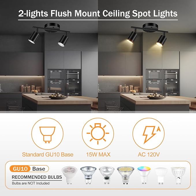 Black Track Lighting Ceiling, 2 Lights Track Lighting for Kitchen, Modern Track Lights Fixtures Ceiling Kit, Rotatable Track Heads, Wall Mount Spot Lighting for Living Room/Bedroom(Bulb Not Included)