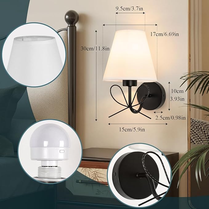 ADISUN Modern Wall Sconce Set of Two, Battery Operated Wall Sconce Remote Control Dimmable Wall Lamp Wireless Sconces for Living Room Bathroom Dining Room Corridor Staircase (2 Bulbs Included)