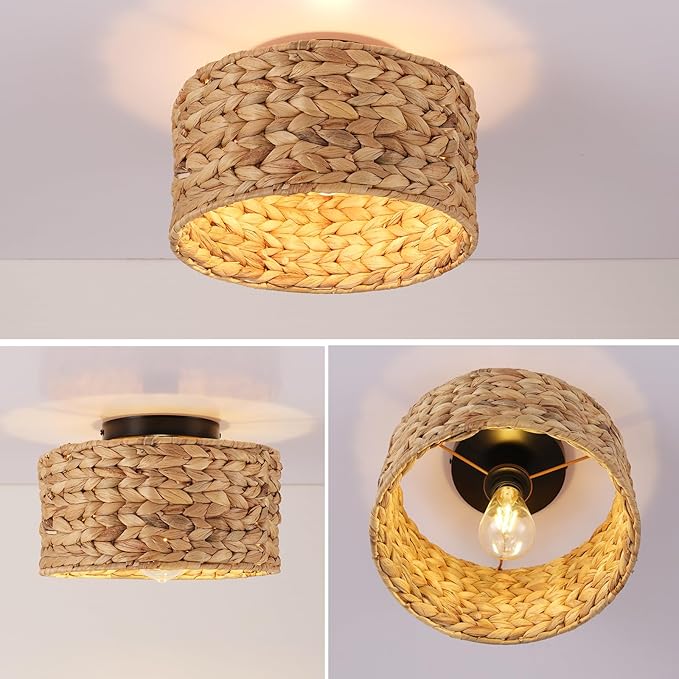 Boho Light Fixture Handwoven Rattan Semi-Flush Ceiling Light - 11.8ft Cord, 1-Light Eco-Friendly Bohemian Style for Bedroom/Kitchen/Farmhouse | Low-Carbon Rattan Woven Lighting