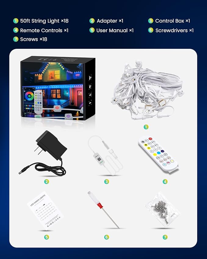 KISUFU 50FT Permanent Outdoor Lights for House, 24V RGB+IC Smart Outside Lights with 221 Modes, App & Remote Control, IP68 Waterproof, Year-Round Roof & Eaves Lighting for Valentine, Holidays (50FT)