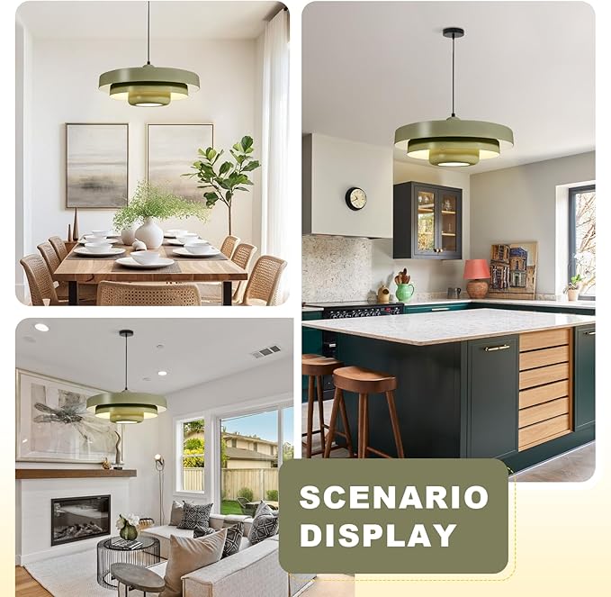 Industrial Farmhouse Pendant Light, 19.7 Inch Olive Green Metal Shade, Vintage Mid-Century Modern Single Hanging Chandelier for Kitchen Island, Dining Table, Bar, Entryway