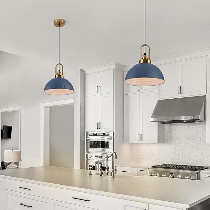 Blue Pendant Lights Kitchen Island Industrial Adjustable Height Vintage Dome Hanging Light Fixtures for Barn, Dining Room 3 Packs