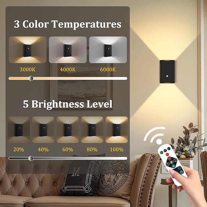 4 Pack Rechargeable Motion Sensor Wall Light: Wireless Battery Powered Wall Sconce with Remote, 3CCT Magnetic Motion Sensor Stair Light LED Indoor Up Down Wall Lamp for Bedroom Hallway Closet, Black