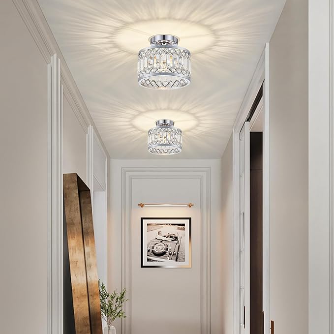 Crystal Ceiling Light Fixture, Modern Semi Flush Mount Ceiling Light, Chrome Lighting Fixtures Ceiling Lamp for Hallway, Kitchen, Entryway, Bedroom, Laundry Room, 9.05 Inch
