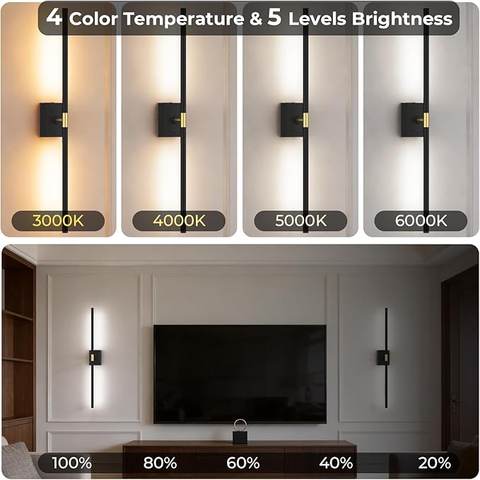 Battery Operated Wall Sconce Set of Two - 10000mAh Cordless Rechargeable Wall Sconces with Remote & Touch Control, 360°Rotate, 4CCT Dimmable Black Wall Lights for Bedroom Living Room, 31.5 inch