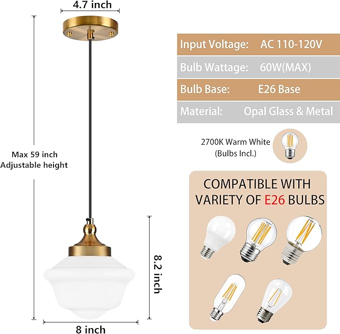 Bagood 8" Gold Schoolhouse Light Fixture Milk Glass Pendant Light Schoolhouse Pendant Light Milk Glass Light Fixture Mid Century Modern Ceiling Light for Bedroom Bathroom Kitchen Island (Bulb Incl.)
