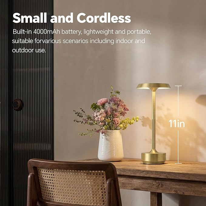 Mevnxi Cordless Table Lamp, Portable LED Desk Lamp, 5000mAh Battery Operated, 3 Color Stepless Dimming Up, for Restaurant/Bedroom/Bars/Outdoor Party/Camping/Coffee Shop Atmosphere Night Light(Gold)