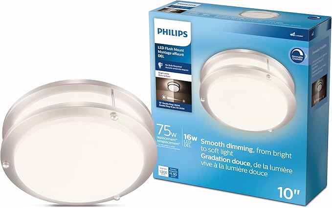 Philips LED Flush Mount Double Ring Ceiling Light 1-Pack Daylight (3000K) 1200 Lumen (16W = 75W) Dimmable Brushed Nickle No Bulbs Required