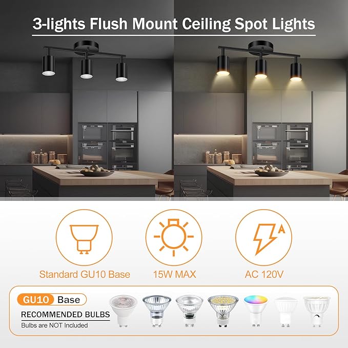 LED Track Lighting Fixtures Ceiling, Black 3-Light Track Lights for Kitchen, 3 Way Ceiling Spotlight, Flexibly Rotatable Wall Mount Light Head for Bedroom Hallway, Bulb Not Included