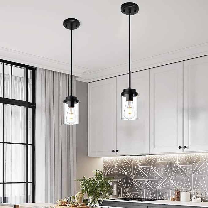 MELUCEE 2 Pack Pendant Lights for Kitchen Island Black Adjustable Hanging Ceiling Lamp with Clear Glass Shade, Industrial Glass Pendant Lights for Dining Table Hallway Bedroom Living Room
