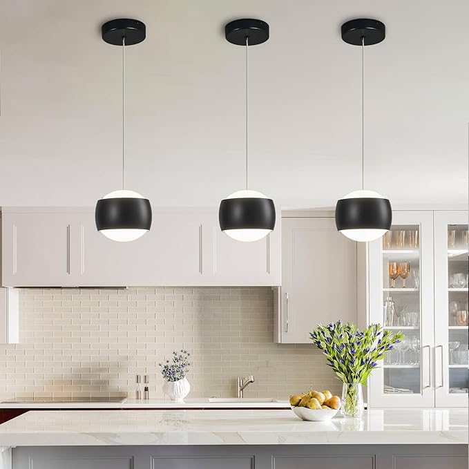 Modern Black LED Dimmable Pendant Light fixtures,6″ Island Pendant Lighting for Kitchen Island Dinning Room,Bedroom,Bar, Kitchen Island Ceiling Hanging Light Fixtures(black-1-Pack)