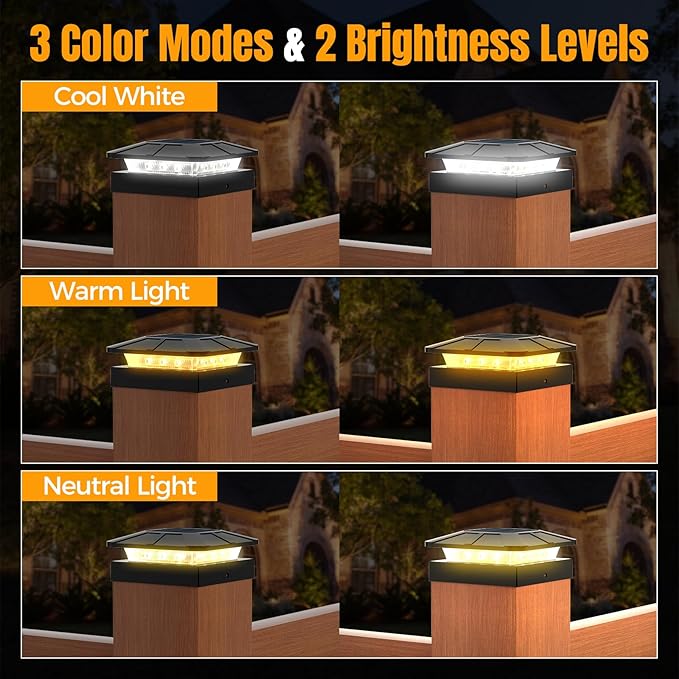 4x4 Solar Post Cap Lights Outdoor [4 Pack Waterproof IP65], 3 Lighting Modes for Fence Deck Patio Garden Decor, Dusk-to-Dawn Solar Powered Post Lights Fit 4x4 Wood/Vinyl
