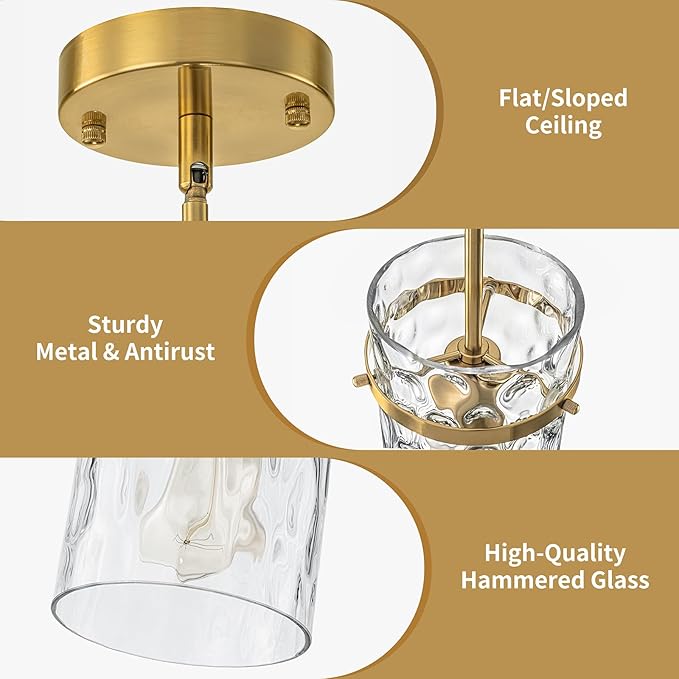 Brass Hammered Glass Pendant Light, 5.5" Brushed Gold Island Pendant Lights Vintage Kitchen Island Light Gold Pendant Light Fixtures Dining Room Light Island Lights Pendant Lighting 1 Pack