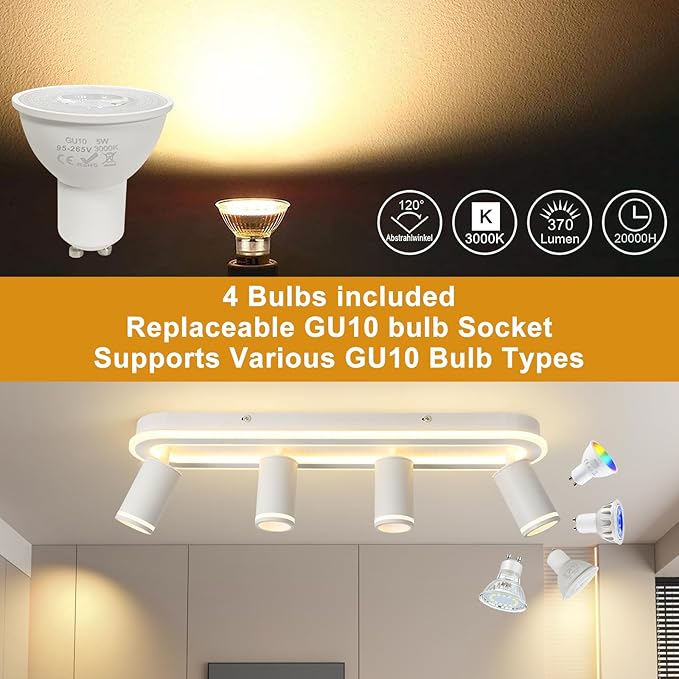 LED 4 Light Track Lighting Spotlight Kit, White Ceiling Spotlights, Modern Track Light Fixture with Flexibly Rotatable Light Heads, 50W+20W Dual Lighting for Kitchen Living Room,Includes 4 x GU10 Bulb