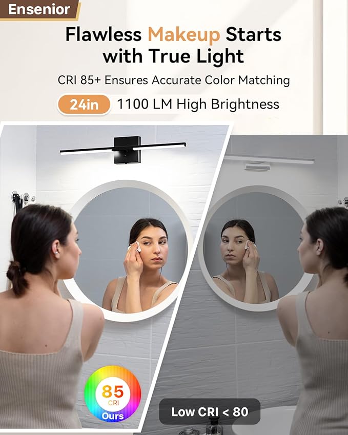 Ensenior Modern Bathroom Vanity Light 24 inch, Built-in Dimmer, 14W Dimmable 5CCT Led Bath Lights, Black Bar Vanity Light for Bathroom Mirror Cabinets Bedroom-FCC & ETL Certificated