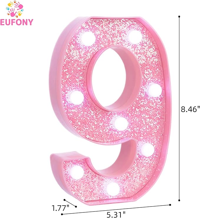 Pink Light Up Marquee Numbers, Glitter LED Number Lights Signs Battery Operated for Girls 9th 19th 29th Pink Birthday Party Table Decorations, 8 Inch Tall Number 9 with Cool White Lights
