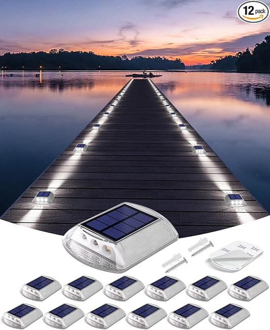 DetarZinLED Deck Lights Solar Powered, 12 Pack White Solar Pathway Driveway Light Outdoor IP68 Waterproof, Stick on & Screw Markers Deck Lights for Dock, Walkway, Sidewalk, Patio, Pool, Garden, Step