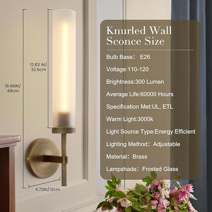Brass Hardwired Frosted Glass Bathroom Wall Sconces 2 Pack, Modern 20'' Indoor Knurled Wall Sconce, Glass Vanity Light, for Living, Bedroom, Hallway, Staircases,Bulb Included