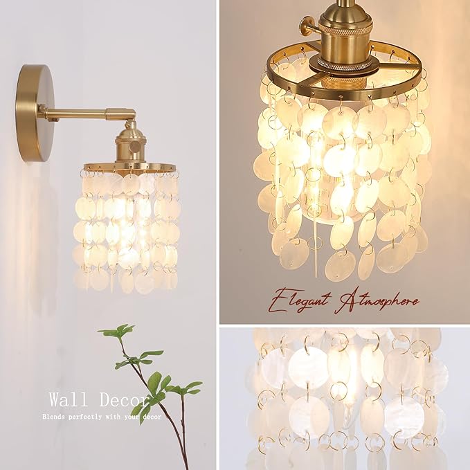 Shenmoyl Battery Operated Wall Sconce with Shell Shade, Rechargeable Wall Lamp with 5400mAh Battery & Remote Control, Modern Dimmable Wireless Wall Lights for Bedroom Bathroom (White, Gold Base)