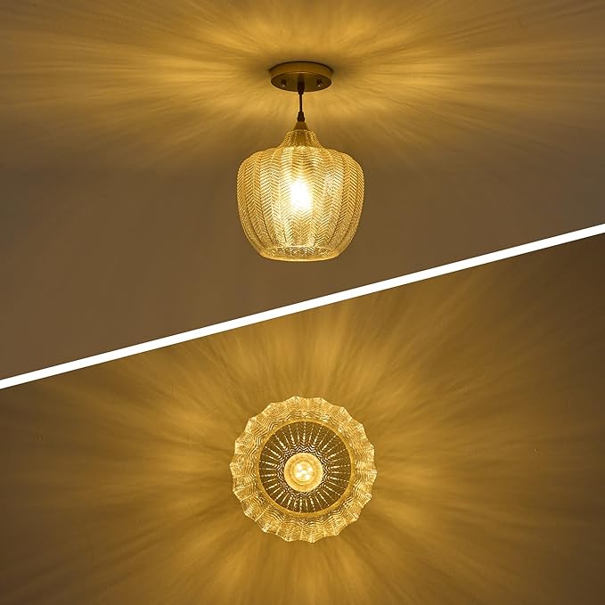 Modern Gold Pendant Light, Amber Glass Farmhouse Kitchen Island Pendant Light Fixture Adjustable Vintage Hanging Ceiling Light for Dining Room Corridor 9.45 inch 1 Pack, UL Certification