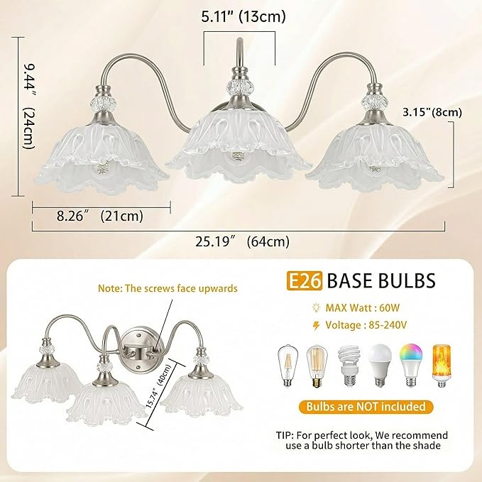 Brushed Nickel 3-Light Bathroom Vanity Light with Floral White Glass Shades, Brushed Nickel Wall Mount Lighting for Bathroom, Dressing Table