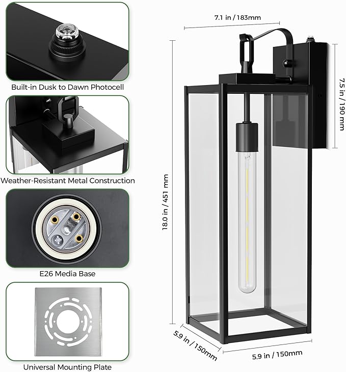 DORESshop 18 Inch Large Size Dusk to Dawn Outdoor Wall Lights, Matte Black Waterproof Anti-Rust Outdoor Light Fixtures Wall Mount with Clear Glass Shade for Porch, Garage, Doorway, 2 Pack
