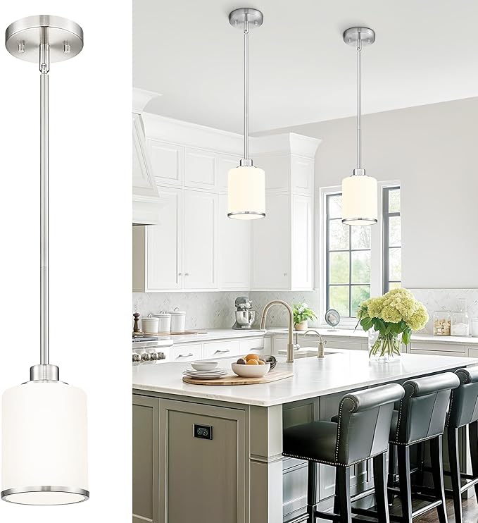 Beionxii Brushed Nickel Pendant Lights Kitchen Island, Hanging Lights Fixtures with Milk Glass, Kitchen Pendant Lighting Over Island, Hanging Lights for Sink, Dining Room, Entryway, BX-PL02BN