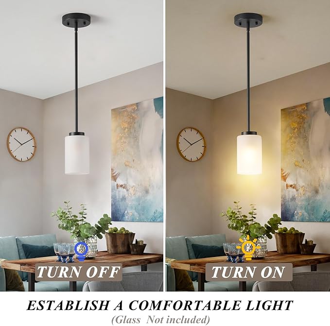 2 Pack Pendant Light Fixtures, Farmhouse Adjustable Kitchen Island Hanging Ceiling Lights, Black Mini Pendant Lights with White Frosted Glass Shade for Bedroom Living Room