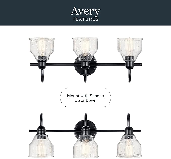 Kichler Avery 24" 3-Light Bathroom Vanity Light Fixture with Clear Seeded Glass in Black for Modern Industrial Farmhouse Style, Wall Mount Over Mirror (24" x 9.5" x 8.25"), 45973BK