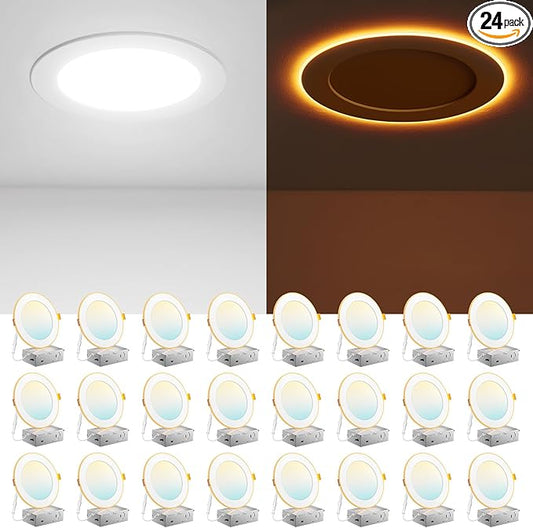 Amico 24 Pack 6 Inch 5CCT LED Recessed Ceiling Light with Night Light, 2700K/3000K/3500K/4000K/5000K Selectable Ultra-Thin Recessed Lighting, 12W=110W, 1100LM, Dimmable Canless Wafer Downlight ETL&FCC