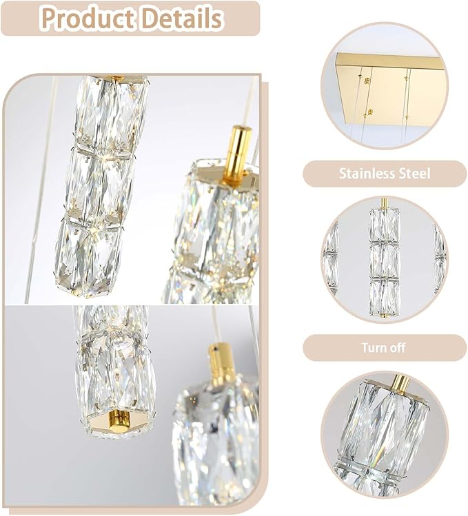 ykolupty Rectangle Crystal Pendant Lights LED Dimmable Pendant Ceiling Lighting Modern Linear Chandelier for Dining Room Hallway Gold