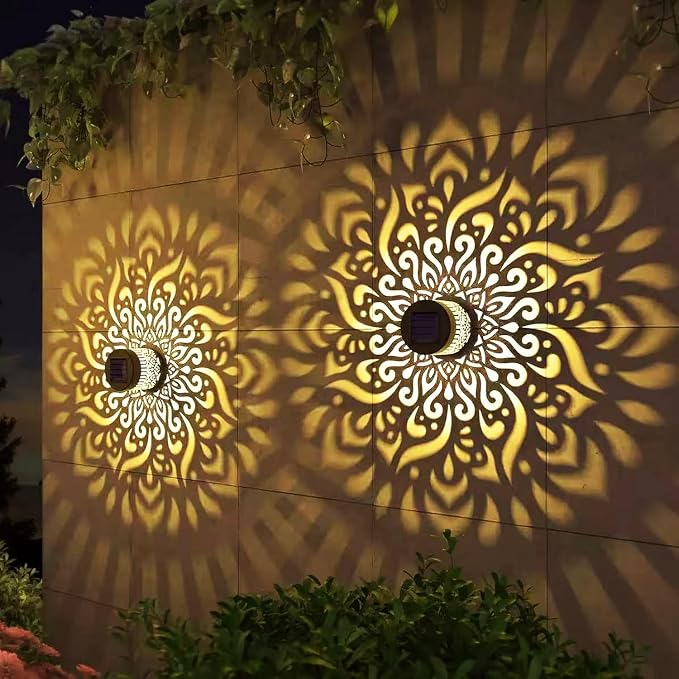 4 Pack Solar Wall Mandala Lights Outdoor, Decorative Solar Fence Mandala Lights Waterproof Metal Solar Powered Deck Step Lights for Garden Patio Post Backyard Yard (Mandala-4 Pack, Warm)