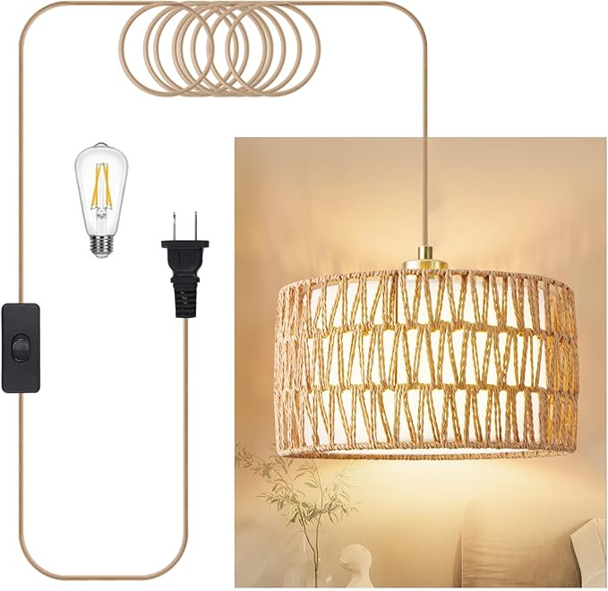 Plug in Pendant Light Rattan Hanging Lights with Plug in Cord, Woven & Fabric 2 in 1 LampShade, Hanging Lamp Plug in for Bedroom Living Room Kitchen Island (Bulb Included)