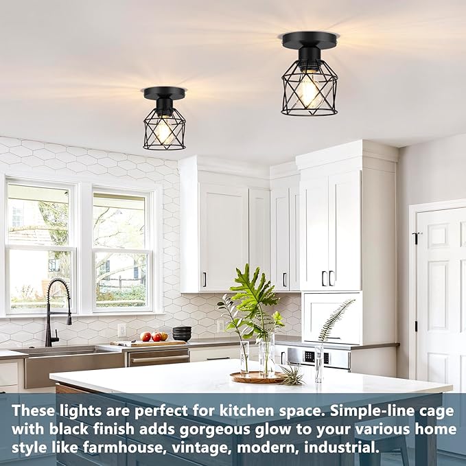 FadimiKoo 2-Pack Farmhouse Semi Flush Mount Ceiling Light, Black Hallway Light Fixtures Ceiling Mount, Small Metal Cage Indoor Ceiling Lamp for Kitchen Porch Bedroom (LED Bulbs Included)