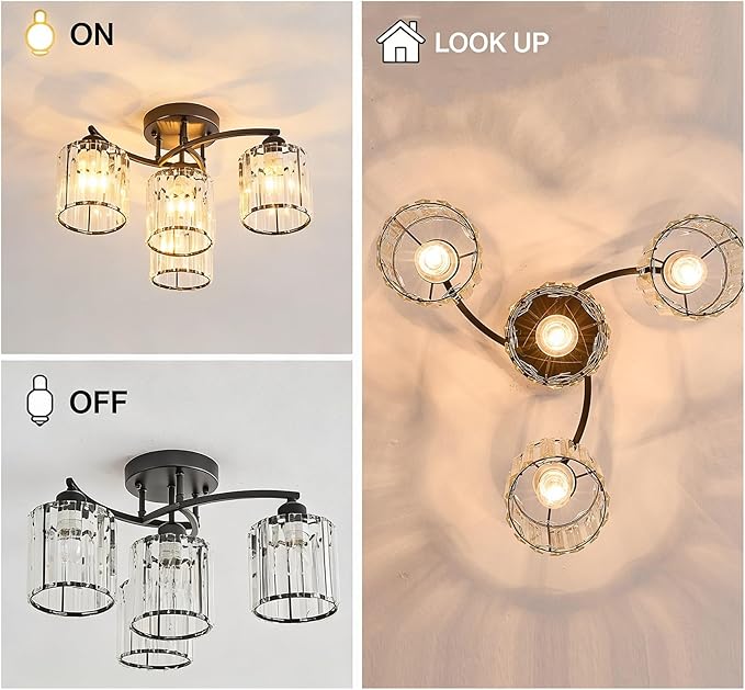 Crystal Chandelier, Modern Elegant Ceiling Light E26 Base Easy Installation Durable Metal Frame for Living Room Bedroom Dining Room,Black