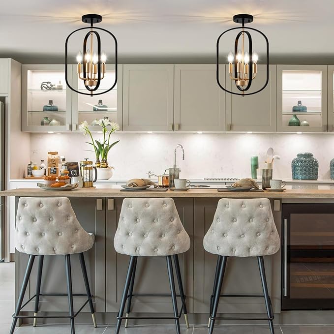 Black Gold Semi Flush Mount Ceiling Light Fixture, Modern Close to Ceiling Light Fixtures Ceiling Mount, Dimmable Foyer Kitchen Lighting Fixtures Ceiling Lights for Bedroom, Hallway, Entryway