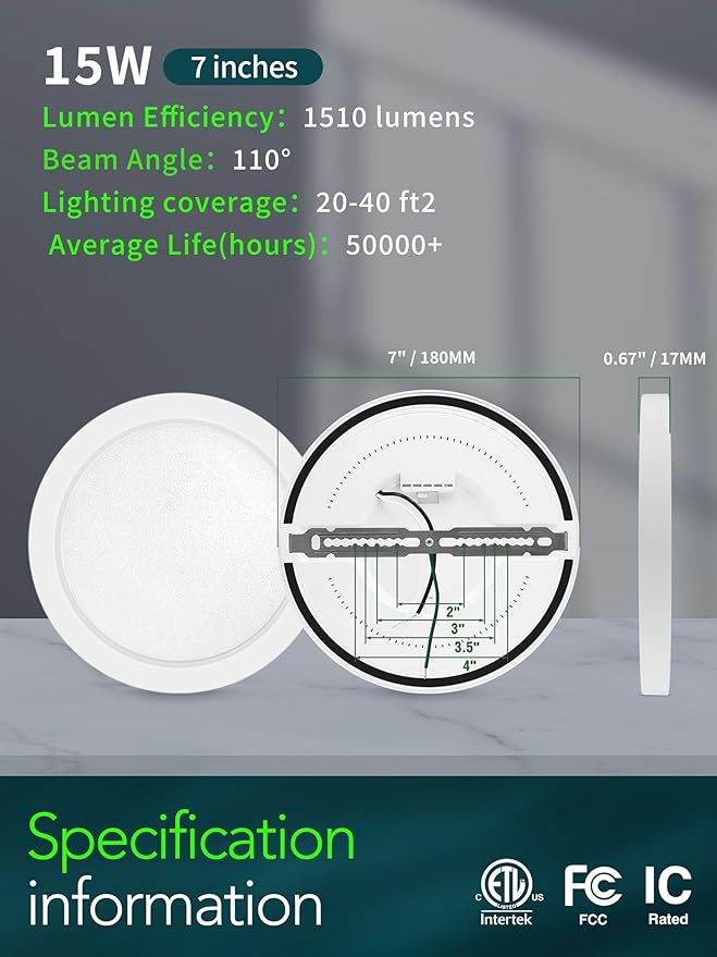 zouzai 7 Inch LED Flush Mount Ceiling Light, Low Profile Flat Round, 15W 1510LM, 5CCT (2700K-6000K), Dimmable, Modern Light Fixtures for Bedroom, Hallway, Kitchen, Closet, Basement, (White,12Pack)