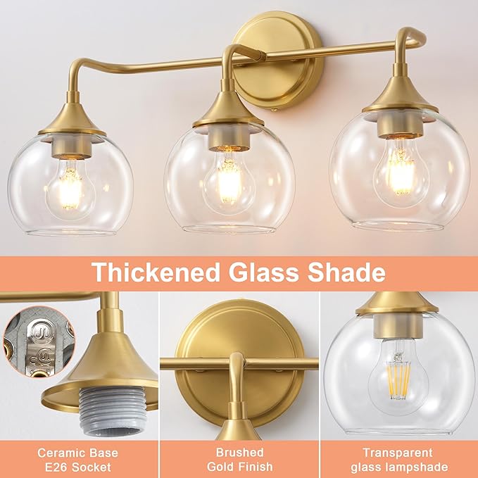 Gold Bathroom Light Fixtures 3 Light Bathroom Vanity Light with Clear Glass Shade, 22 inch Vanity Lighting Fixtures Over Mirror, Vanity Lights Fixture (Exclude E26 Bulb)