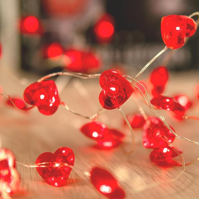 BOHON Valentine Day Decorations 10 ft 40 LEDs String Lights with Remote | Red Heart Shaped Twinkle Fairy Lights Battery Operated for Kids Bedroom Indoor Party Valentine's Day Mother's Day Decor