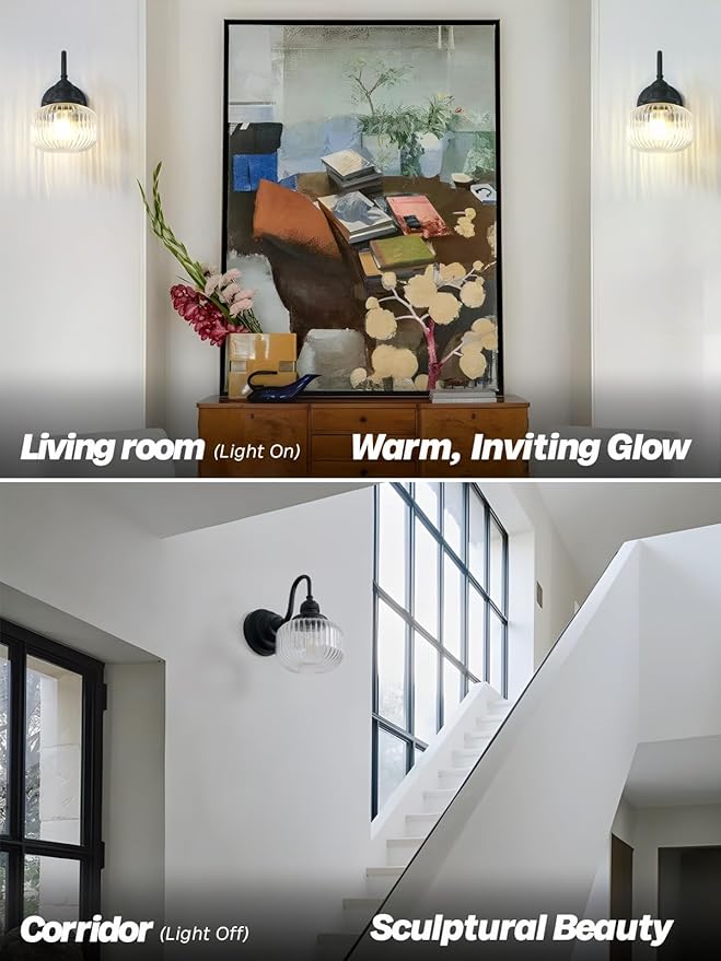 Vintage Wall Sconce Light, Black Bathroom Vanity Light with Hand-Blowing Clear Glass Farmhouse Hardwire Wall Mounted Lamp for Bathroom Mirror Living Room Bedroom Kitchen E26 Indoor