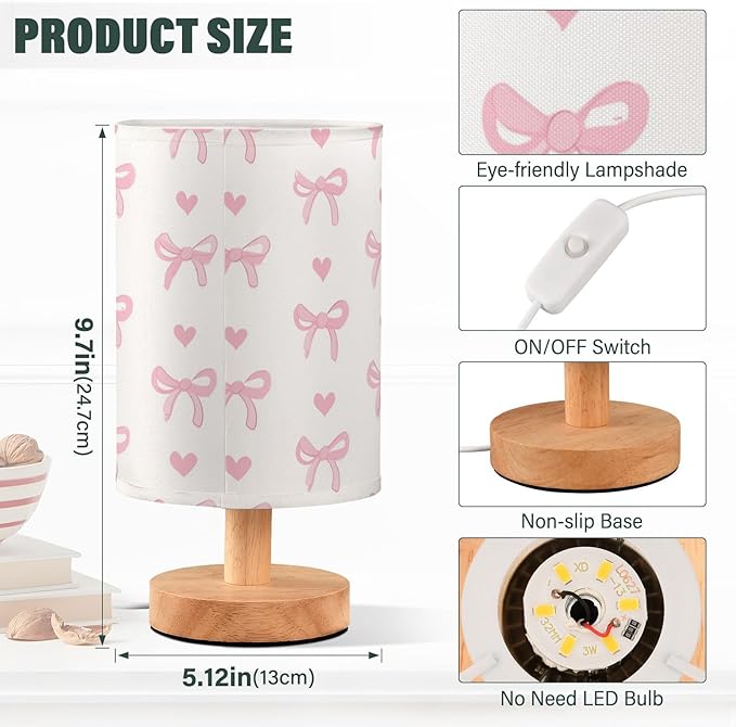 Aslsiy Cute Coquette Pink Bow Bedside Table Lamp White Nightstand Lamp Night Light Fabric Shade for Bedroom Living Room Home Office