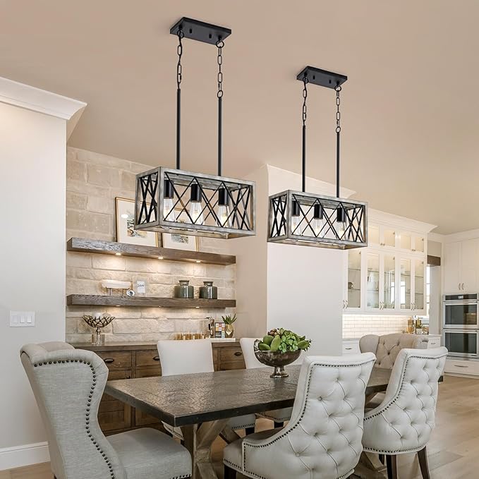KEESFU Farmhouse Kitchen Island Lighting Ceiling, 3 Lights Pendant Lighting Fixtures, Adjustable Height, Industrial Dining Room Light